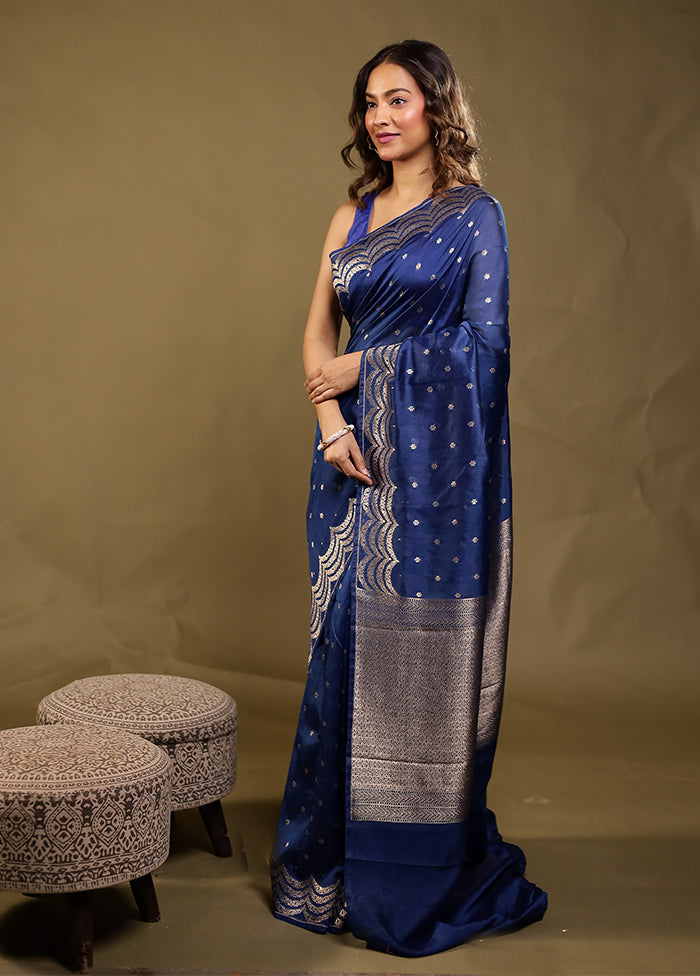 Blue Dupion Silk Saree With Blouse Piece