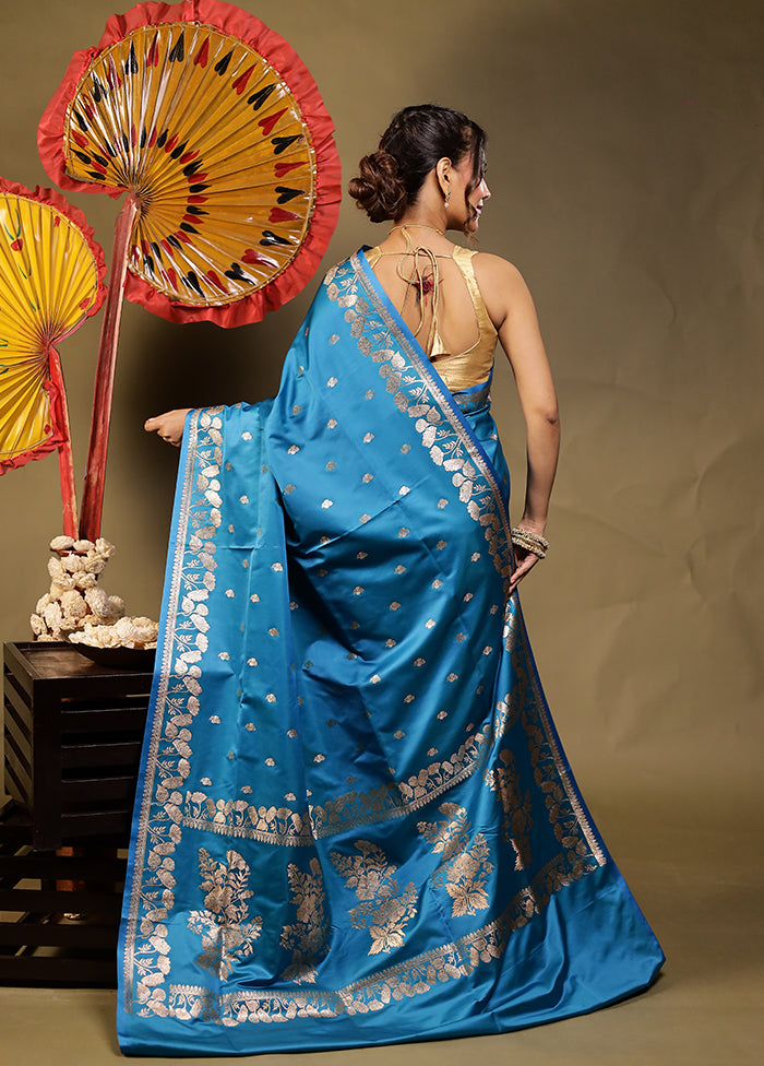 Blue Banarasi Silk Saree With Blouse Piece