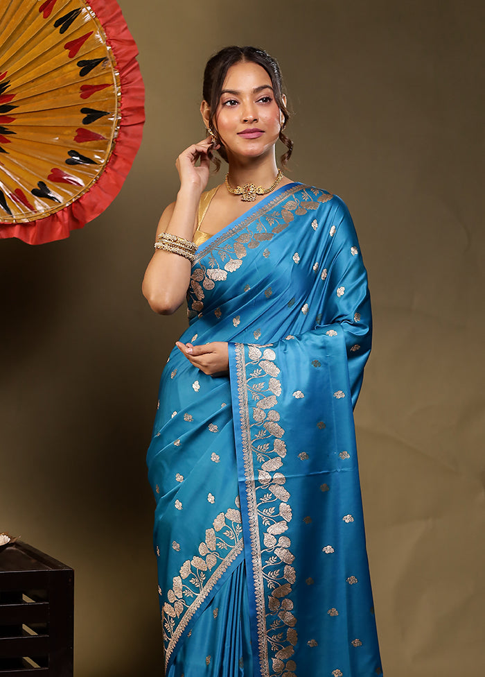 Blue Banarasi Silk Saree With Blouse Piece