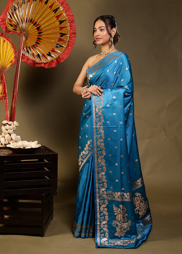 Blue Banarasi Silk Saree With Blouse Piece