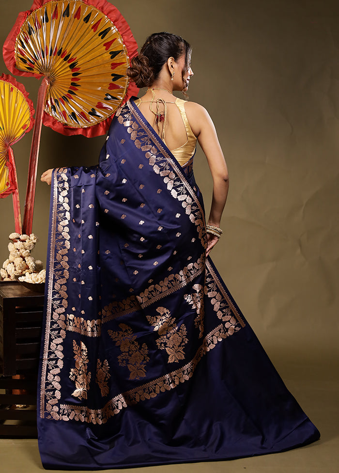 Blue Banarasi Silk Saree With Blouse Piece