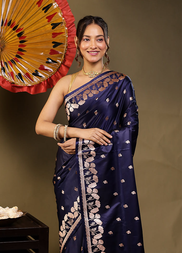 Blue Banarasi Silk Saree With Blouse Piece