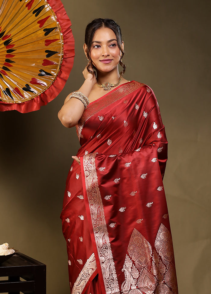 Maroon Banarasi Silk Saree With Blouse Piece