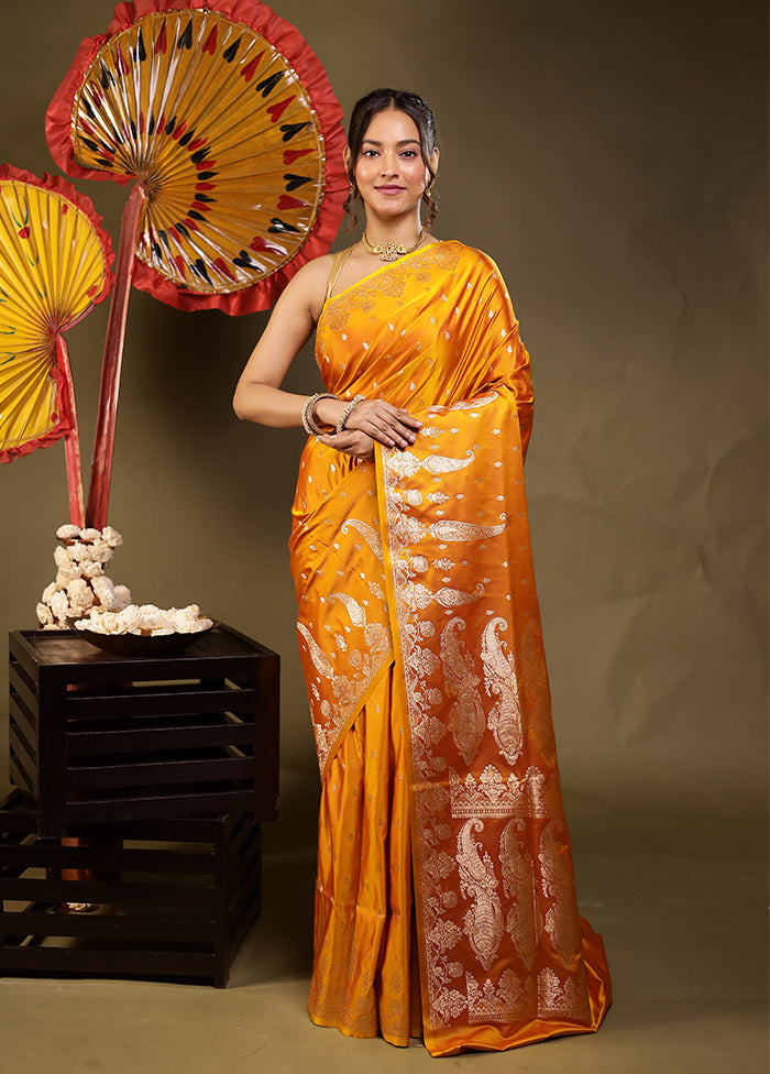 Orange Banarasi Silk Saree With Blouse Piece