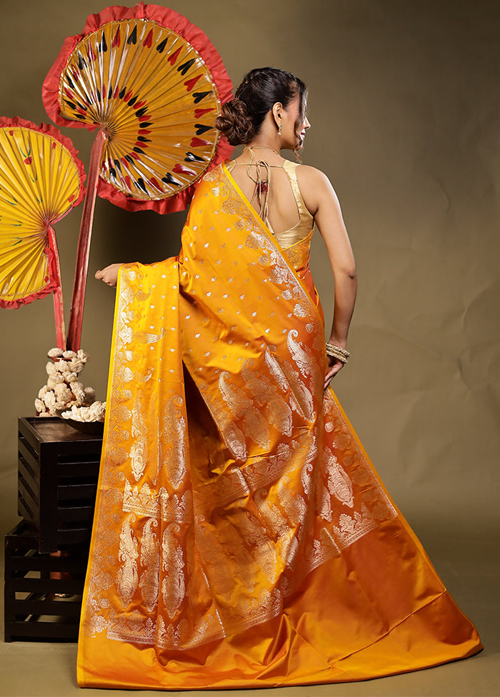 Orange Banarasi Silk Saree With Blouse Piece