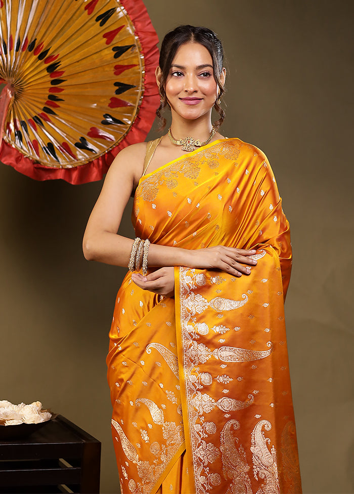 Orange Banarasi Silk Saree With Blouse Piece