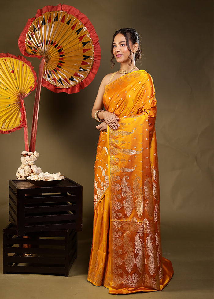 Orange Banarasi Silk Saree With Blouse Piece