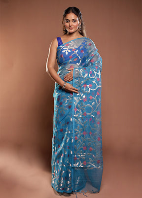 Blue Organza Saree With Blouse Piece
