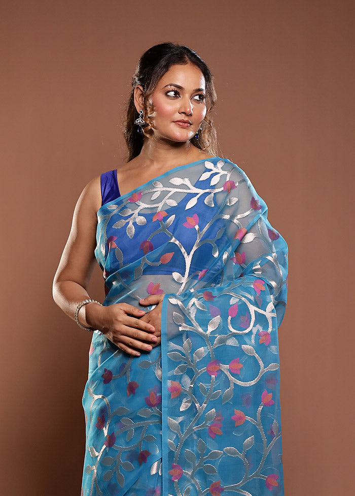 Blue Organza Saree With Blouse Piece