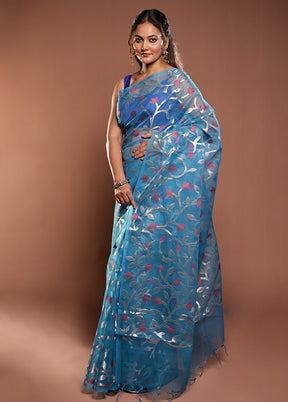 Blue Organza Saree With Blouse Piece