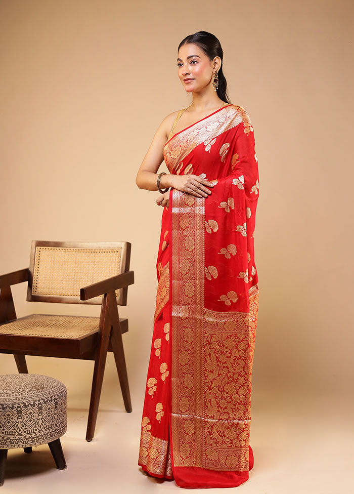 Red Handloom Pure Georgette Saree With Blouse Piece