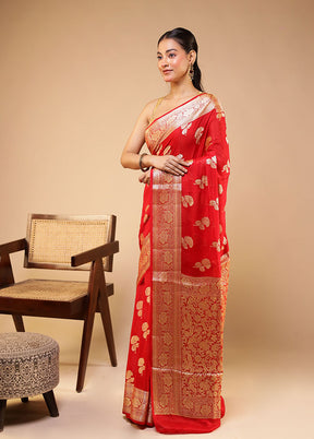 Red Handloom Pure Georgette Saree With Blouse Piece