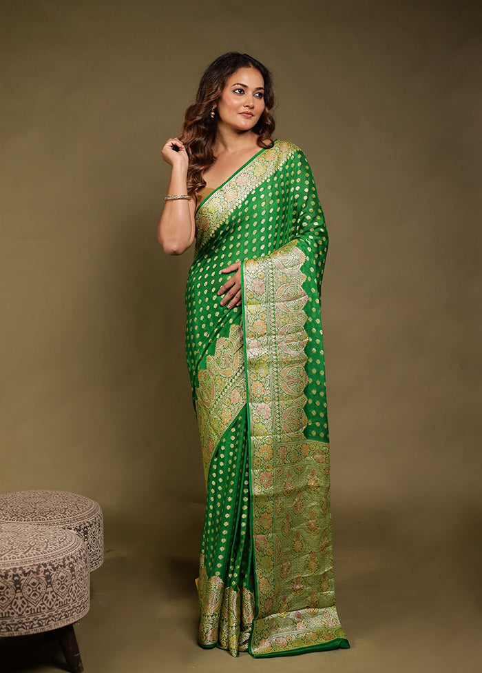 Green Handloom Pure Georgette Saree With Blouse Piece