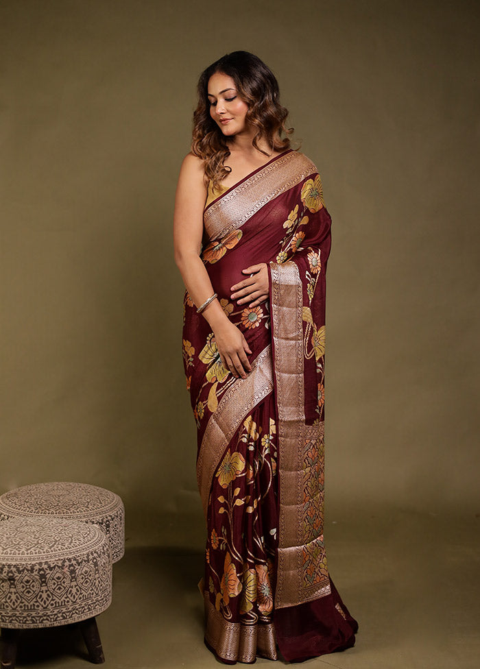 Brown Handloom Pure Georgette Saree With Blouse Piece