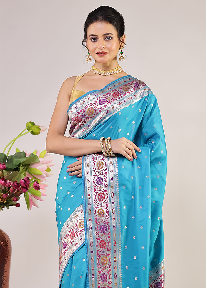Blue Katan Silk Saree With Blouse Piece