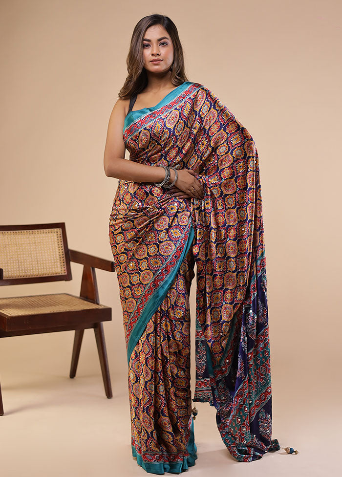 Blue Printed Silk Saree Without Blouse Piece