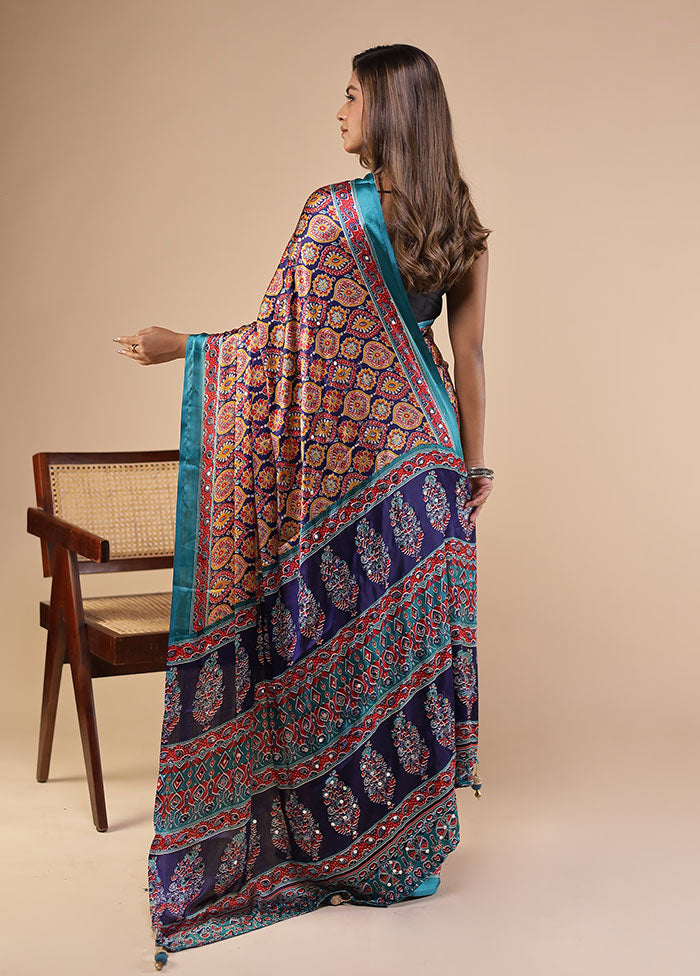 Blue Printed Silk Saree Without Blouse Piece