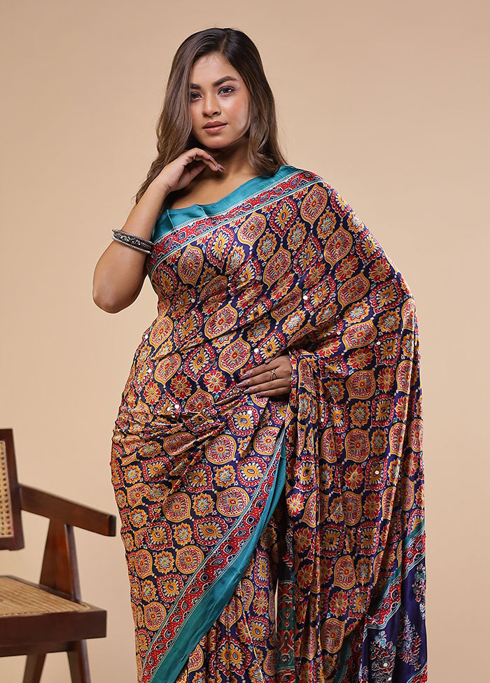 Blue Printed Silk Saree Without Blouse Piece