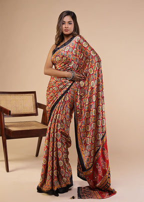 Red Printed Silk Saree Without Blouse Piece