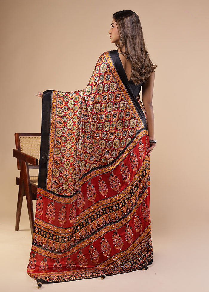 Red Printed Silk Saree Without Blouse Piece