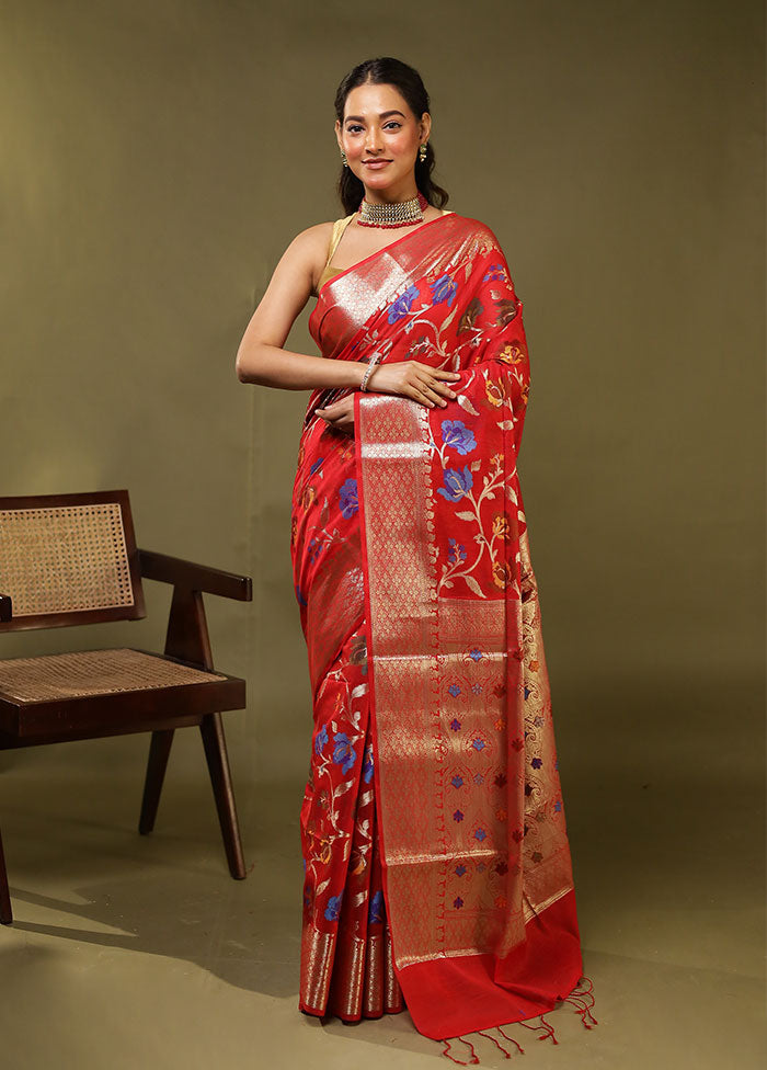 Red Kora Silk Saree With Blouse Piece