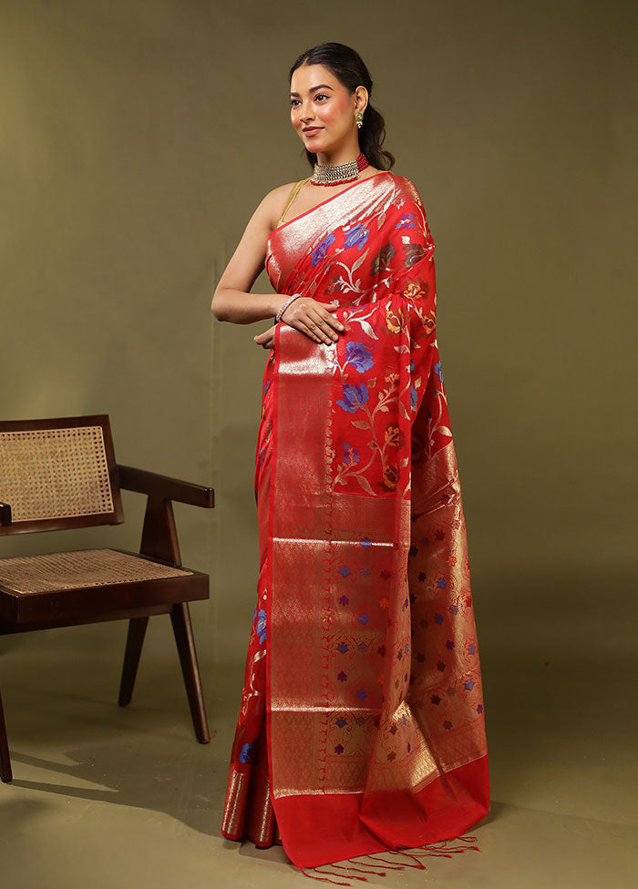 Red Kora Silk Saree With Blouse Piece