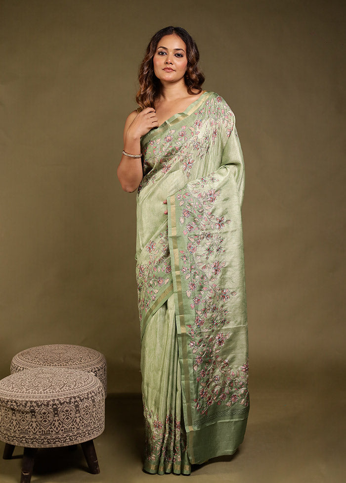 Green Tussar Silk Saree With Blouse Piece