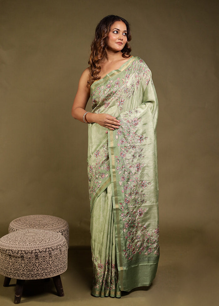 Green Tussar Silk Saree With Blouse Piece