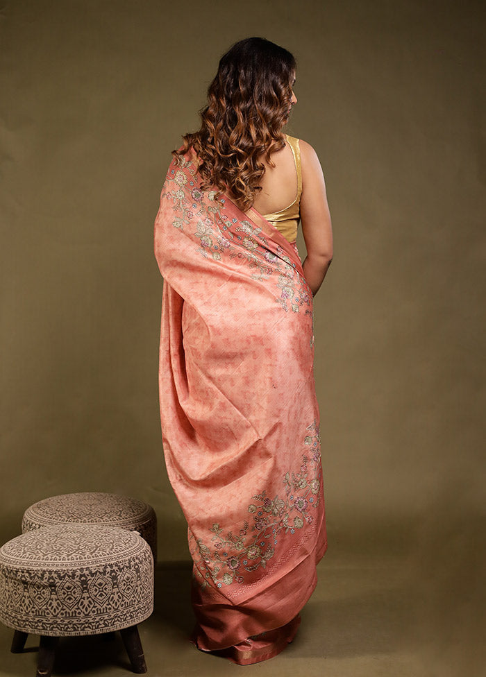 Peach Tussar Silk Saree With Blouse Piece