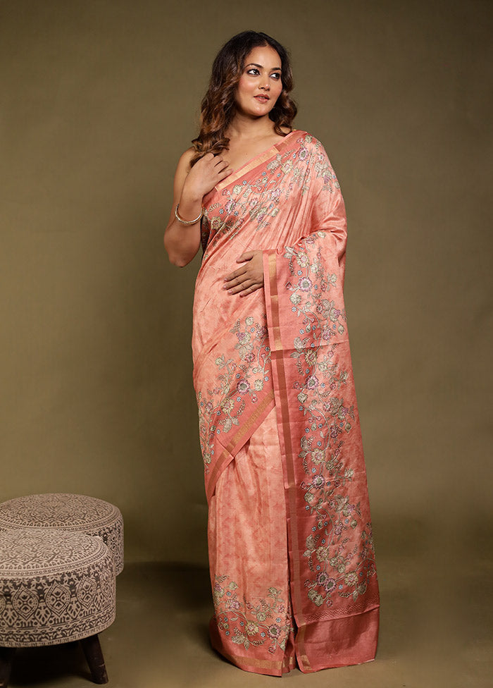 Peach Tussar Silk Saree With Blouse Piece