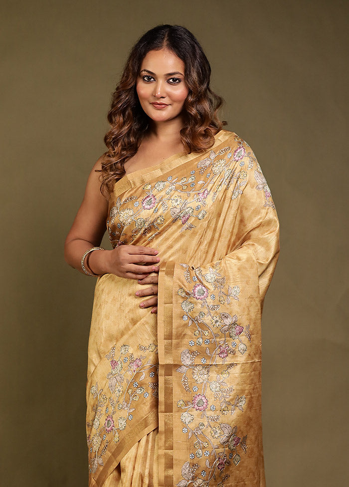 Yellow Tussar Silk Saree With Blouse Piece