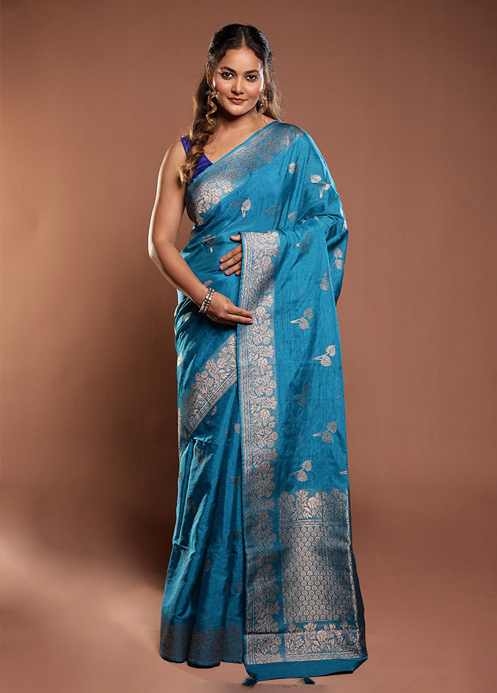 Blue Dupion Silk Saree With Blouse Piece