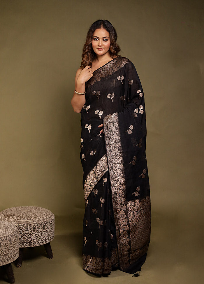 Black Dupion Silk Saree With Blouse Piece