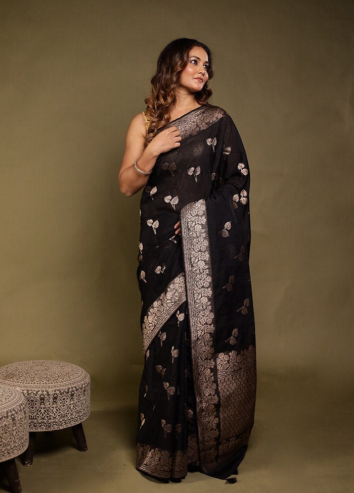 Black Dupion Silk Saree With Blouse Piece