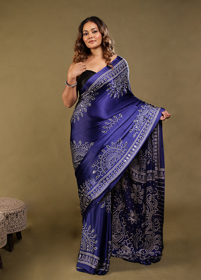 Blue Printed Silk Saree Without Blouse Piece
