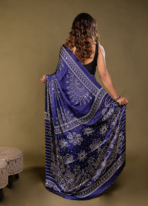Blue Printed Silk Saree Without Blouse Piece