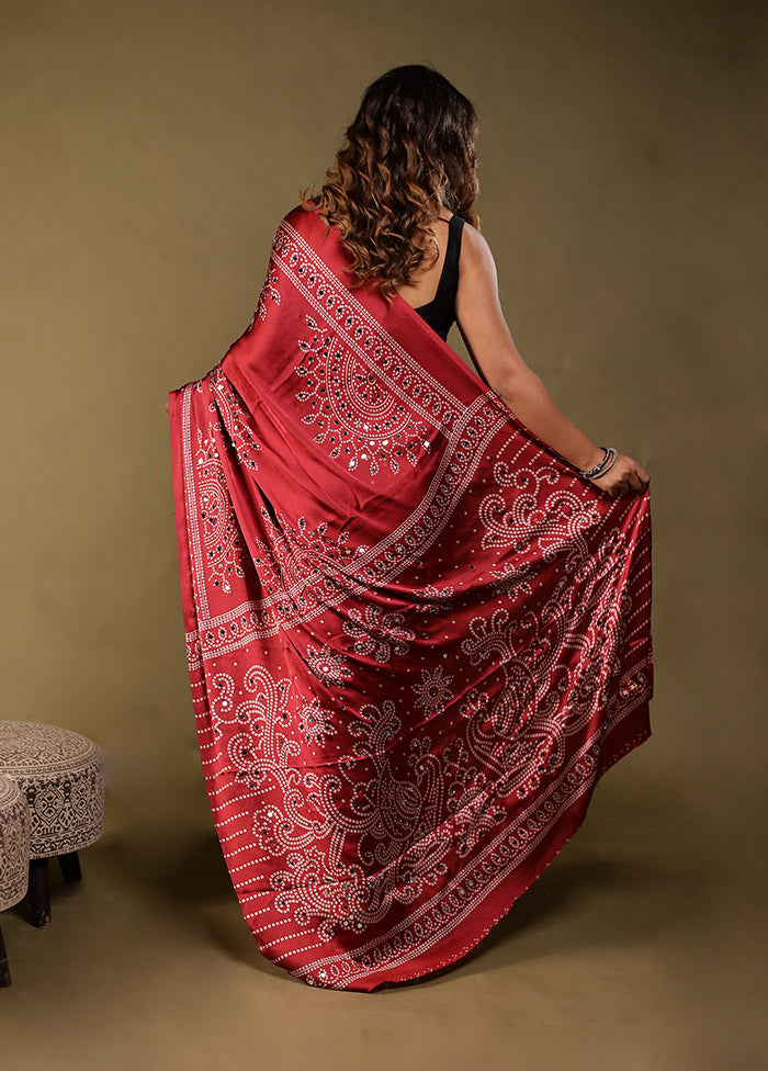 Red Printed Silk Saree Without Blouse Piece