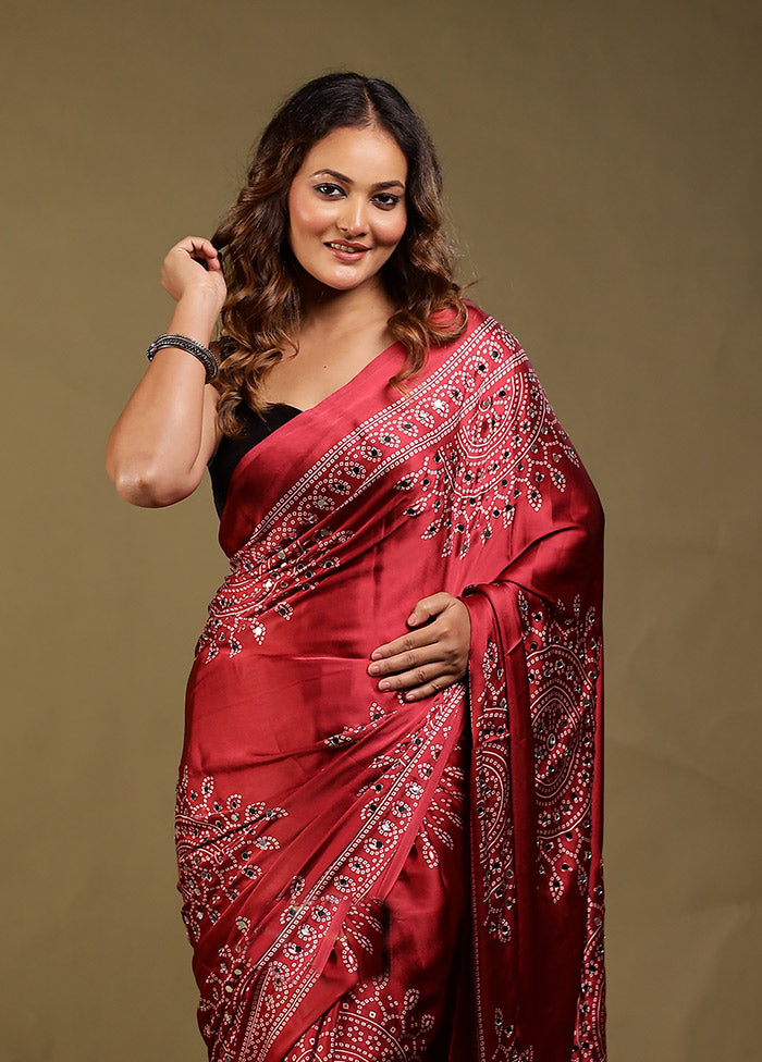Red Printed Silk Saree Without Blouse Piece