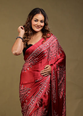 Red Printed Silk Saree Without Blouse Piece