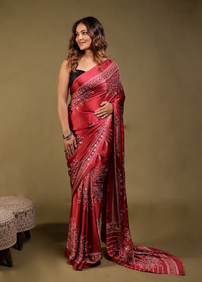 Red Printed Silk Saree Without Blouse Piece