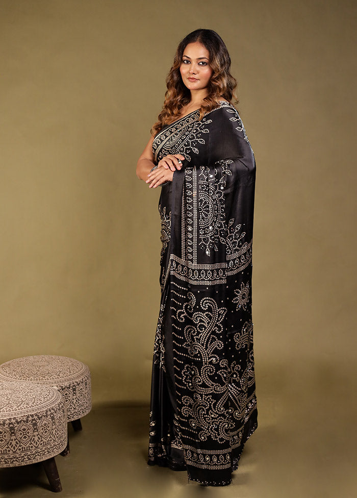 Black Printed Silk Saree Without Blouse Piece