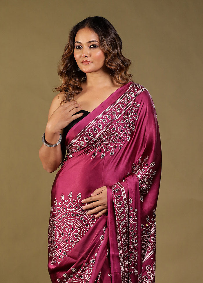 Purple Printed Silk Saree Without Blouse Piece