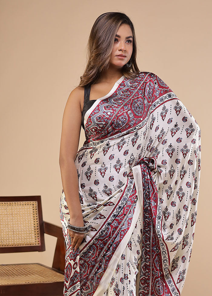Cream Printed Silk Saree Without Blouse Piece