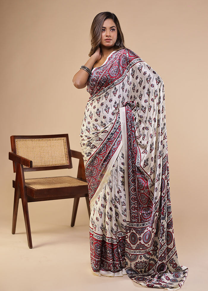 Cream Printed Silk Saree Without Blouse Piece