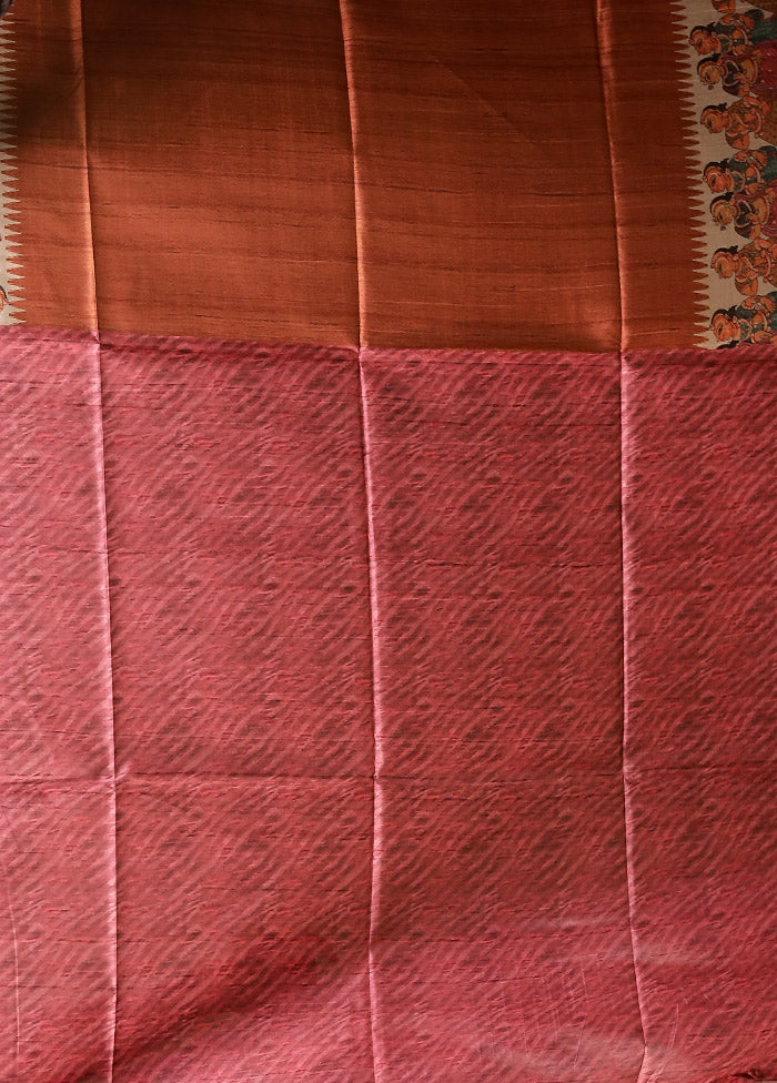 Rust Tussar Silk Saree With Blouse Piece