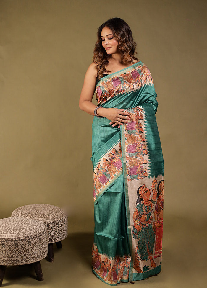 Green Tussar Silk Saree With Blouse Piece