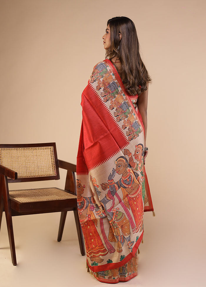 Red Tussar Silk Saree With Blouse Piece