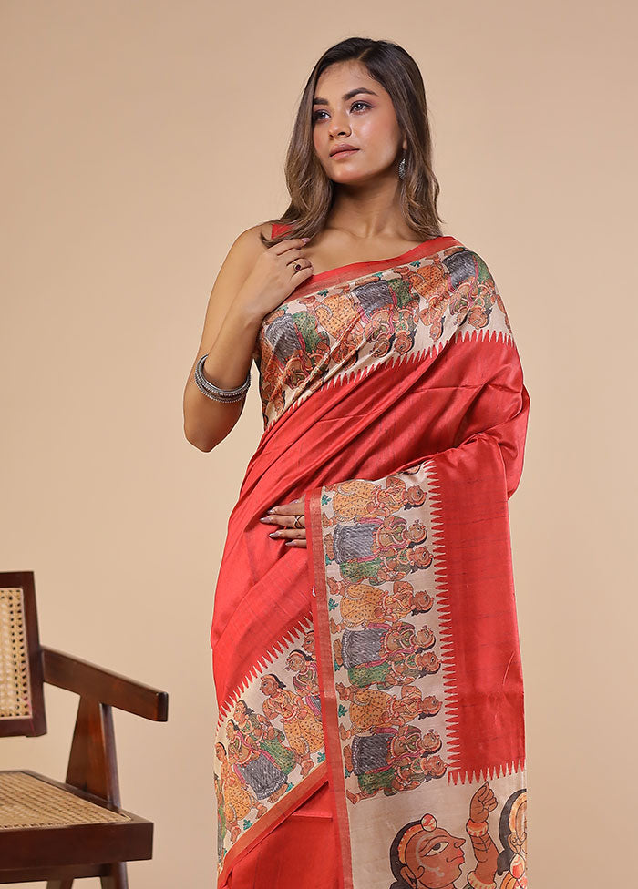 Red Tussar Silk Saree With Blouse Piece