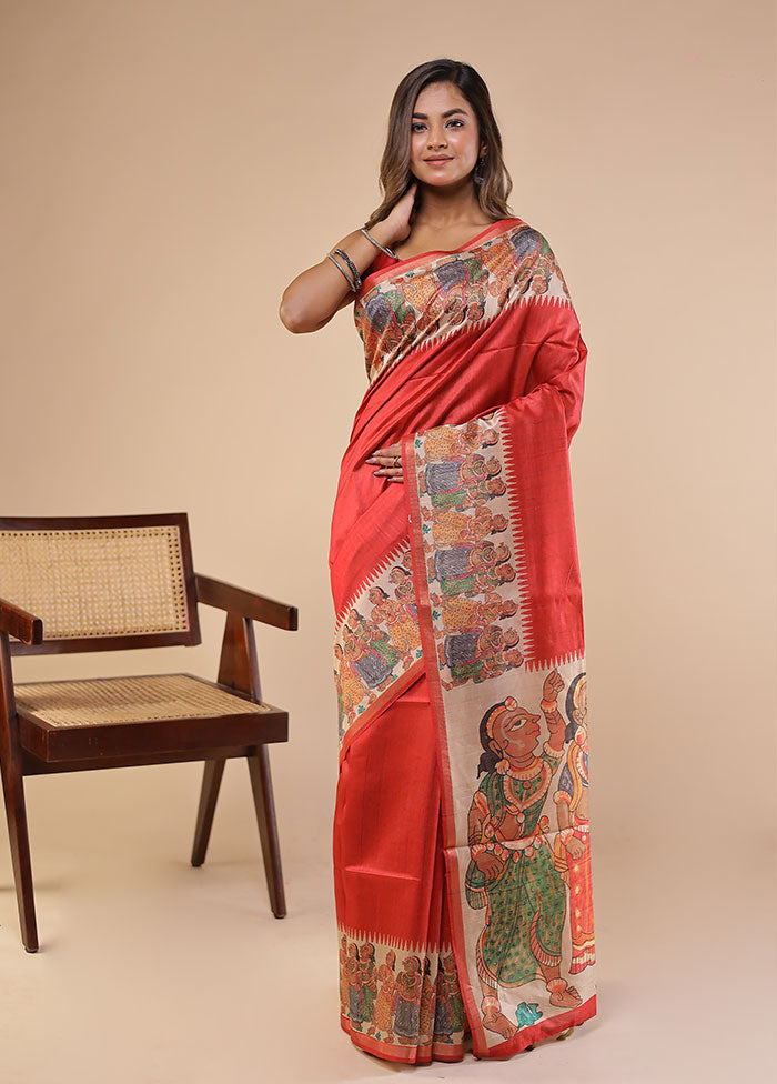 Red Tussar Silk Saree With Blouse Piece