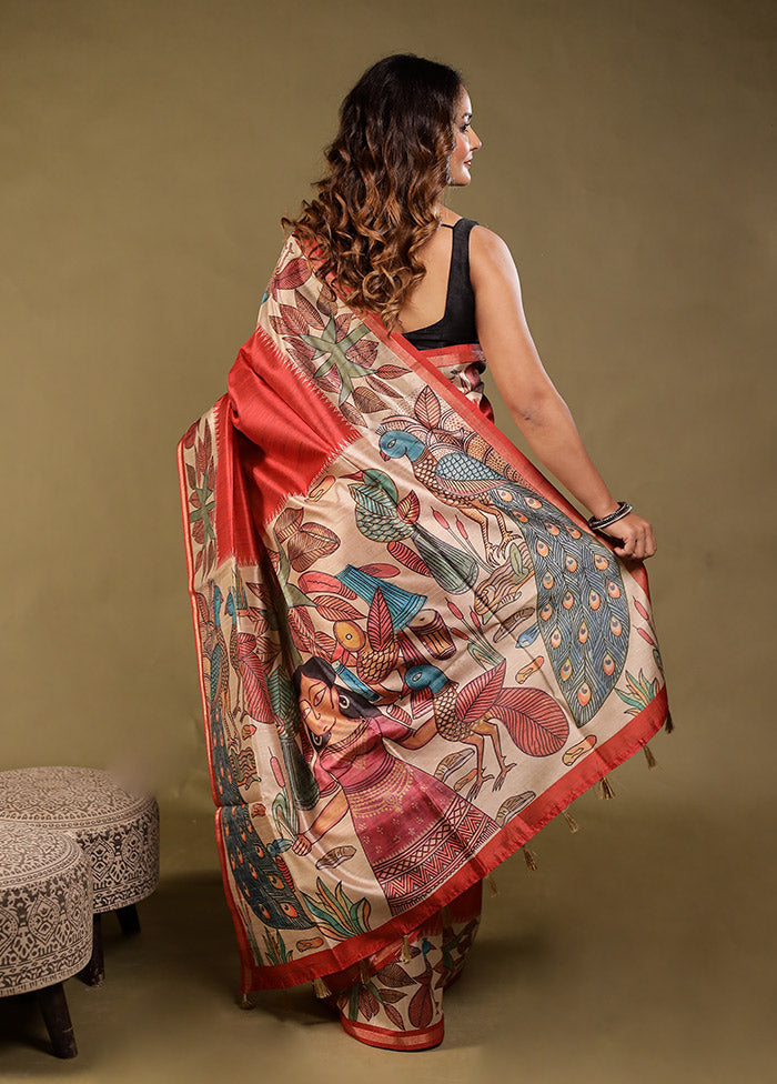 Red Tussar Silk Saree With Blouse Piece